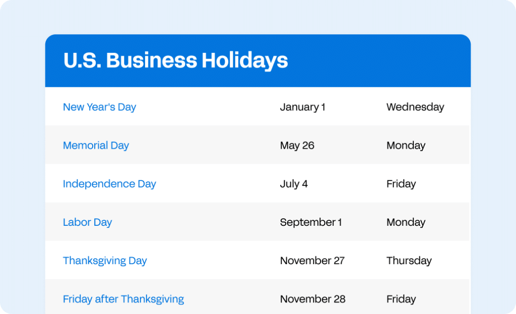 U.S. Business Holidays