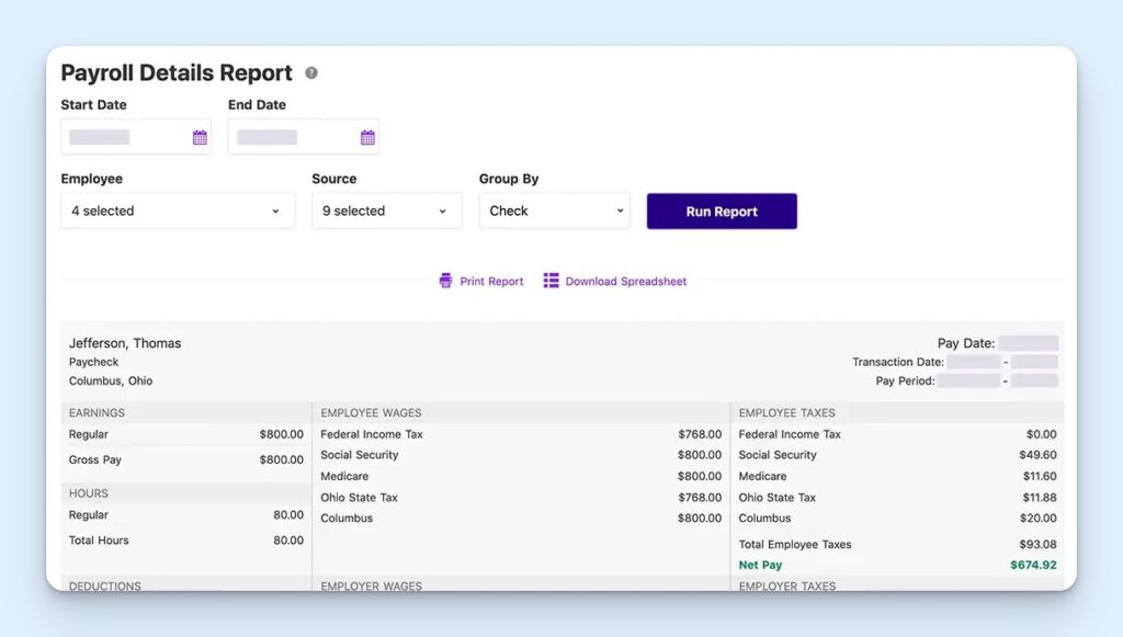 Patriot Payroll Details Report screen showing date, employee, source, and group-by filters, with print and spreadsheet download options. The report breaks one paycheck into earnings, hours, employee wages, employee taxes, and net pay.