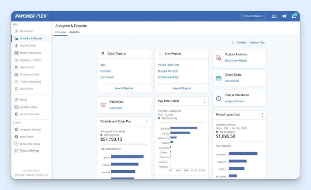 Paychex Flex Analytics & Reports dashboard showing report shortcuts, check stubs, time and attendance, payroll labor cost, and custom analytics. The screen includes report tiles, wage charts, and payroll cost figures for reviewing company payroll data.