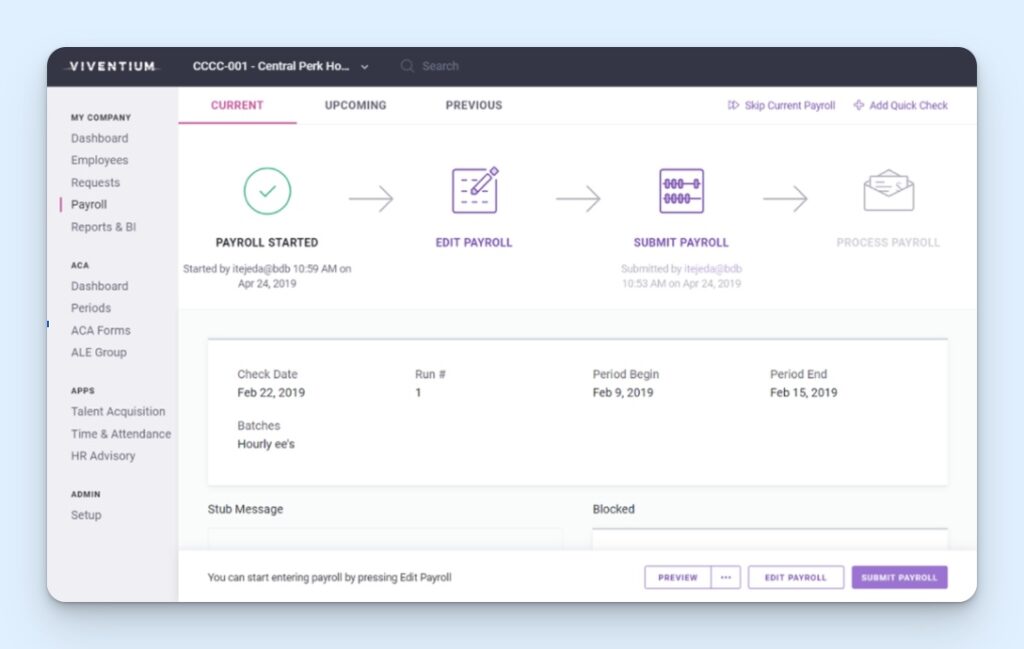 Viventum’s payroll workflow for a defined pay period, showing different stages: payroll started, edit payroll, submit payroll, and process payroll.