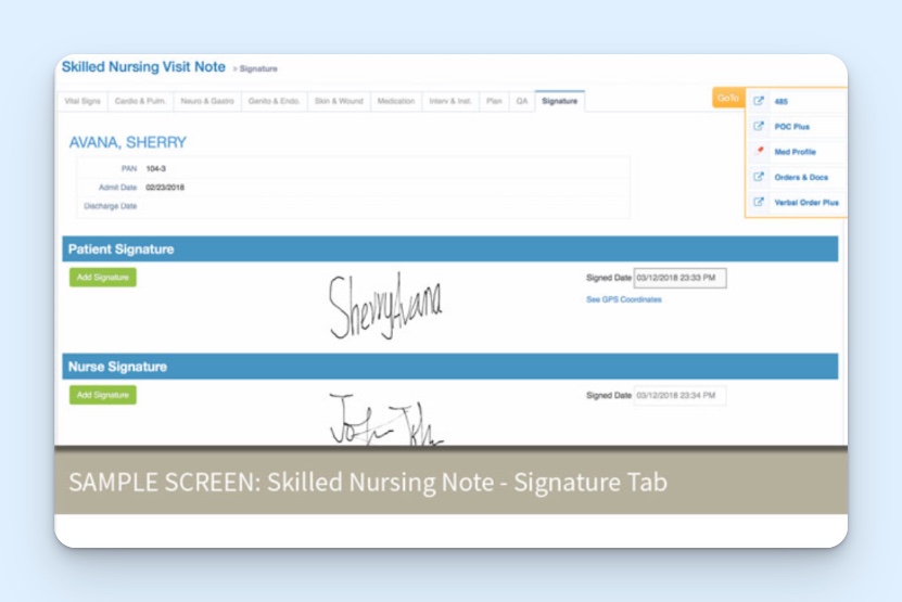 An electronic visit verification record in Alora, showing several patient documentation tabs and signatures for both nurse and patient.