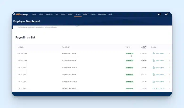 HHAeXchange payroll summary including pay date, pay period, status, and total payment amount.