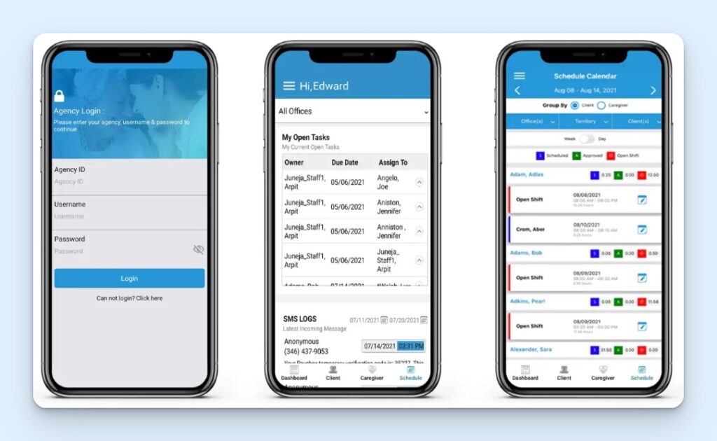 CareSmartz360 mobile app screen showing schedules and allocated shifts.