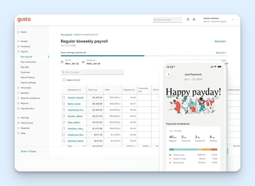 Gusto biweekly payroll summary on the desktop, showing total pay, rate, regular hours, overtime, and PTO, along with an image of a pay stub on the mobile app.
