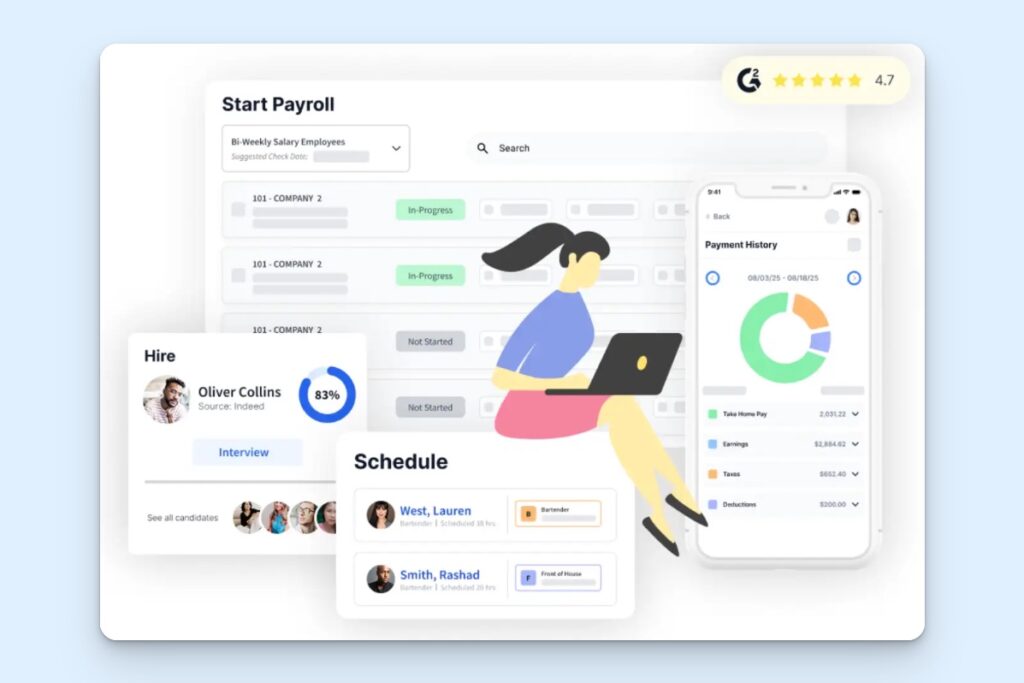 Netchex web and mobile views, including hiring, scheduling, and an employee self-service screen highlighting payment history and take home pay, split into earnings, taxes, and deductions.