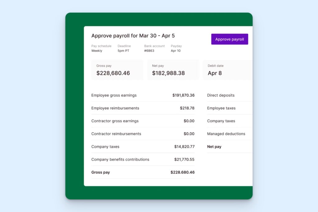 Miter weekly payroll approval screen showing the deadline, debit date, payday, gross pay, and net pay, plus a breakdown of employee earnings, reimbursements, company taxes, benefits contributions, and direct deposits.