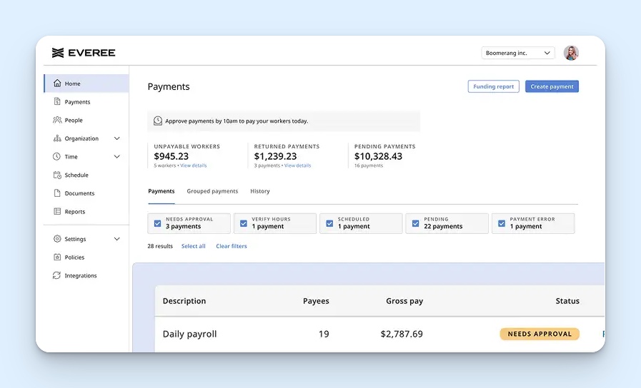 Everee payments dashboard showing unpayable workers, returned payments, pending payments, and items needing approval or hour checks. The expanded payment list shows daily payroll runs, employee numbers, gross pay, status, and action required.