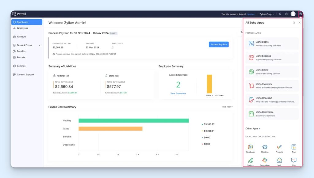 Zoho Payroll dashboard showing a draft pay run, pay date, employee count, tax liabilities, employee summary, and payroll cost chart. The screen also shows the Zoho app menu, linking payroll with Zoho Books, Expense, Billing, and other business tools.