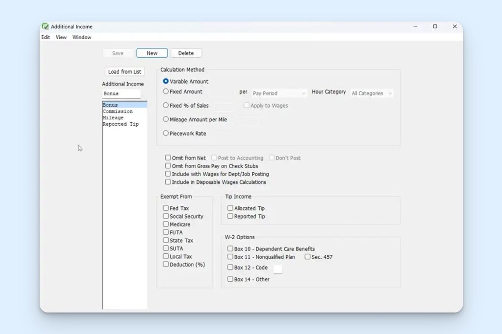 CheckMark Payroll’s additional income setup screen, where you can create earnings such as bonuses, commissions, mileage, tips, and piecework pay. You can choose the calculation method, tax treatment, accounting settings, and W-2 reporting options.