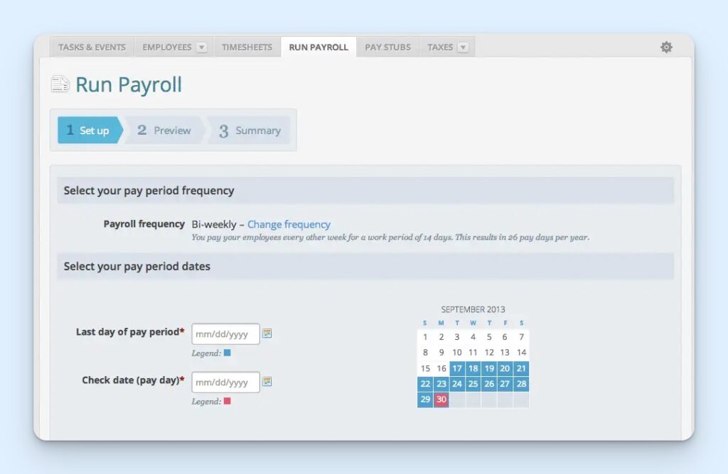 Wave Payroll’s setup screen, where you choose the payroll frequency and enter the end of the pay period and payday. You can select the dates on a calendar before previewing the payroll and reviewing the final summary.