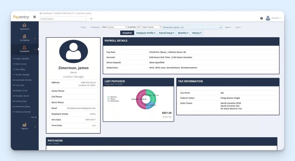 Payentry employee profile showing personal and contact details, pay rate, leave balances, deductions, direct deposit status, tax information, and a chart breaking down the employee’s latest paycheck into net pay, taxes, and deductions.