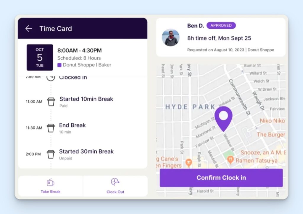 Homebase employee time clock showing a worker’s shift, paid and unpaid breaks, approved time off, and GPS location confirmation.