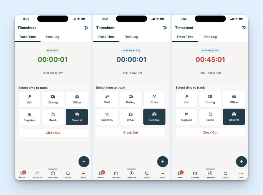 Jobber mobile timesheet showing an employee tracking time across visits, driving, office work, supplies, breaks, and general tasks, with a live timer and clock-out controls.
