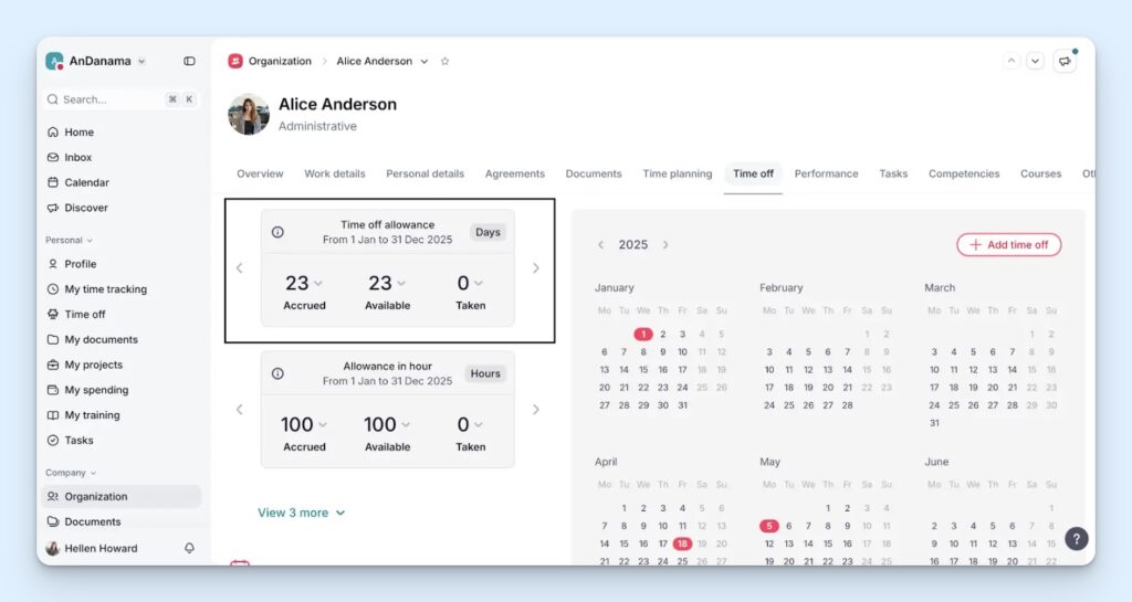 Factorial time-off screen showing an employee’s annual leave allowance in days and hours, including accrued, available, and taken leave. A yearly calendar displays time-off dates, with an Add Time Off button.