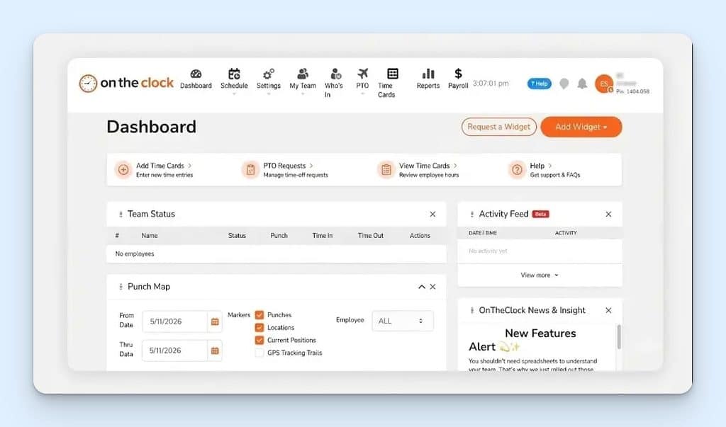 OnTheClock’s dashboard gives managers a quick view of team timekeeping, with shortcuts to add or review time cards and manage PTO. Team Status shows who’s clocked in, while the Punch Map can display punches, locations, and current positions.