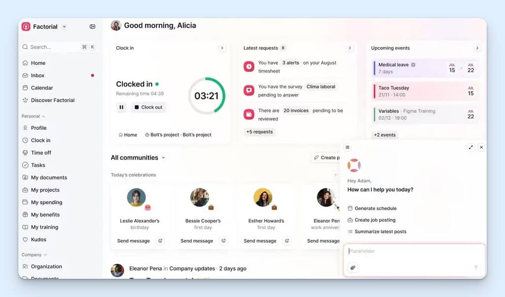 Factorial’s home dashboard lets employees clock in and out, see how long they’ve worked, and check timesheet alerts. It also brings together pending requests, upcoming events, and other HR tasks in one place.