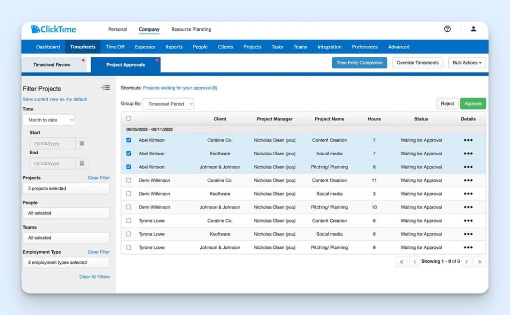 ClickTime’s Project Approvals screen shows submitted hours by employee, client, and project, with approval status for each entry. Managers can filter by date, project, person, or team, then select multiple entries to approve or reject in bulk.