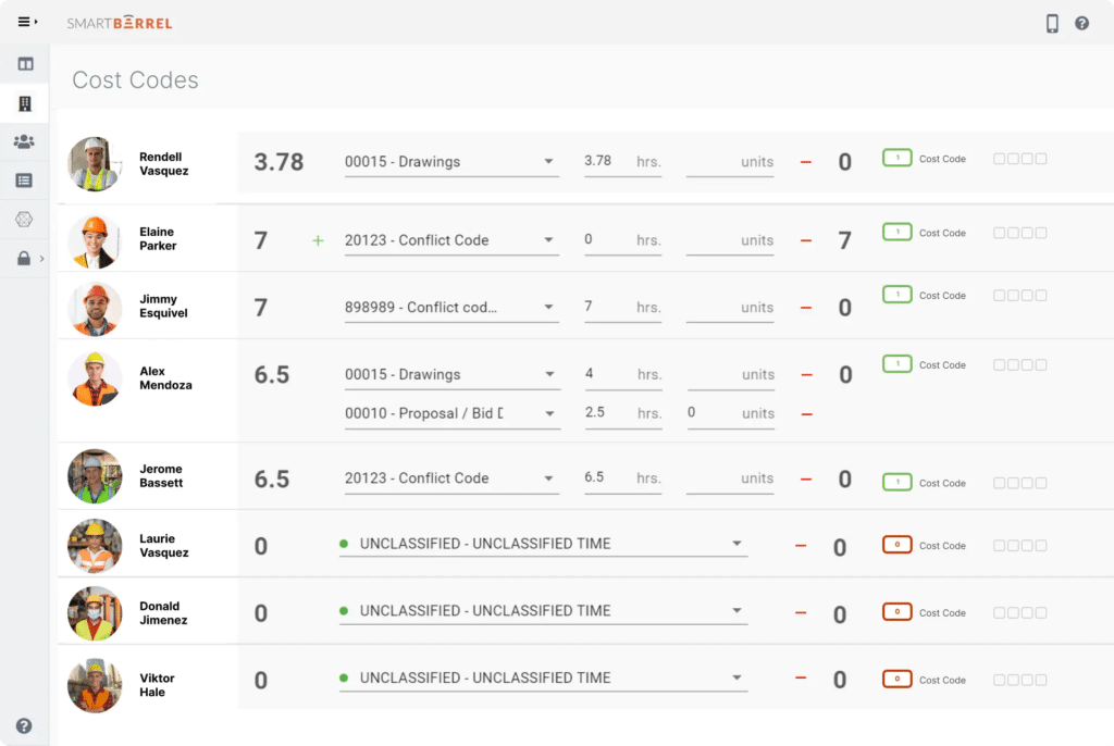 Image showing the cost codes screen in SmartBarrel's dashboard