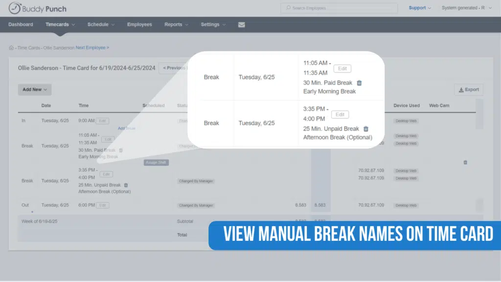 Break rule name on timecard