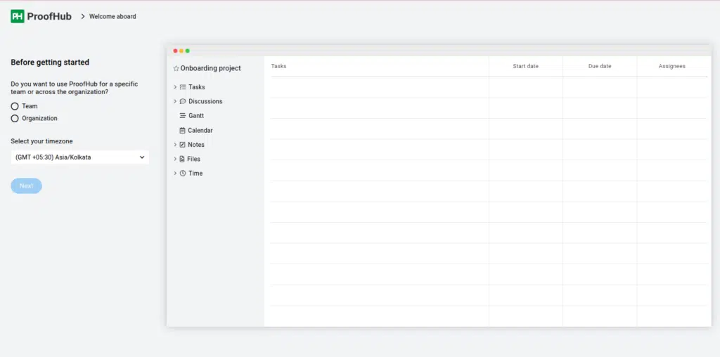 The setup screen asks whether you're onboarding a team or the whole organization and asks for your timezone.