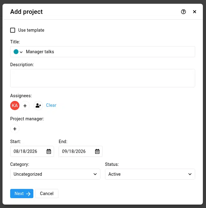 The "Add project" screen asks for a title, an optional description, a start and end date, and other project information.