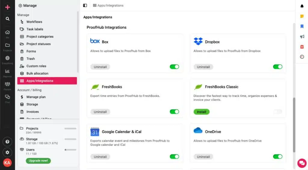 The integrations page lists Box, Dropbox, FreshBooks, Google Calendar, and OneDrive as toggles you can switch on or off.