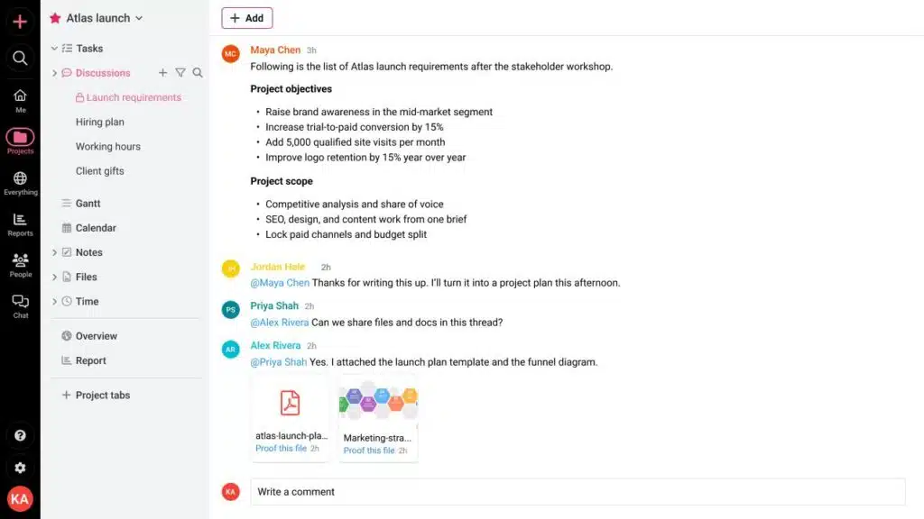 Each discussion is its own thread tied to a topic. People can attach files directly into the conversation.