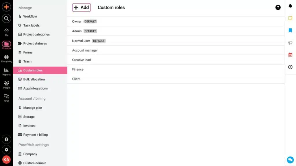 The custom roles page lists three default roles, including Owner, Admin, Normal user, plus roles someone's added on top.